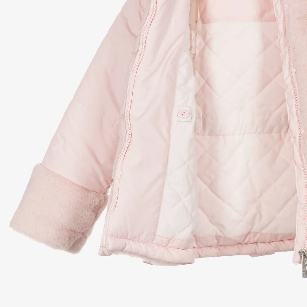 Girls Pink Faux Fur Hooded Coat