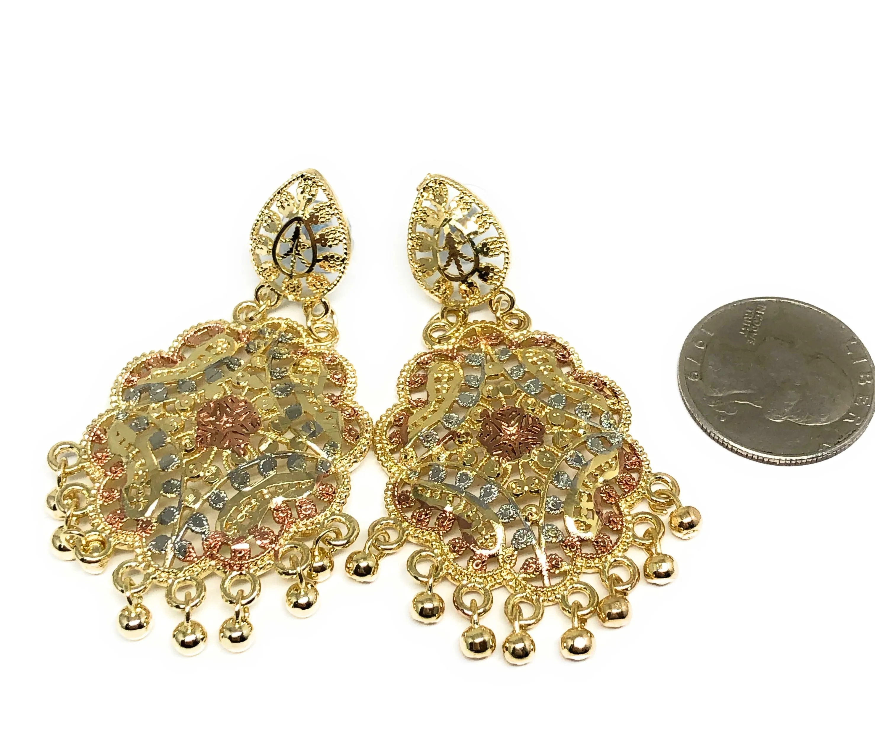 Gold Plated Tri-Color Chandelier Earrings Aretes Folklorico 3