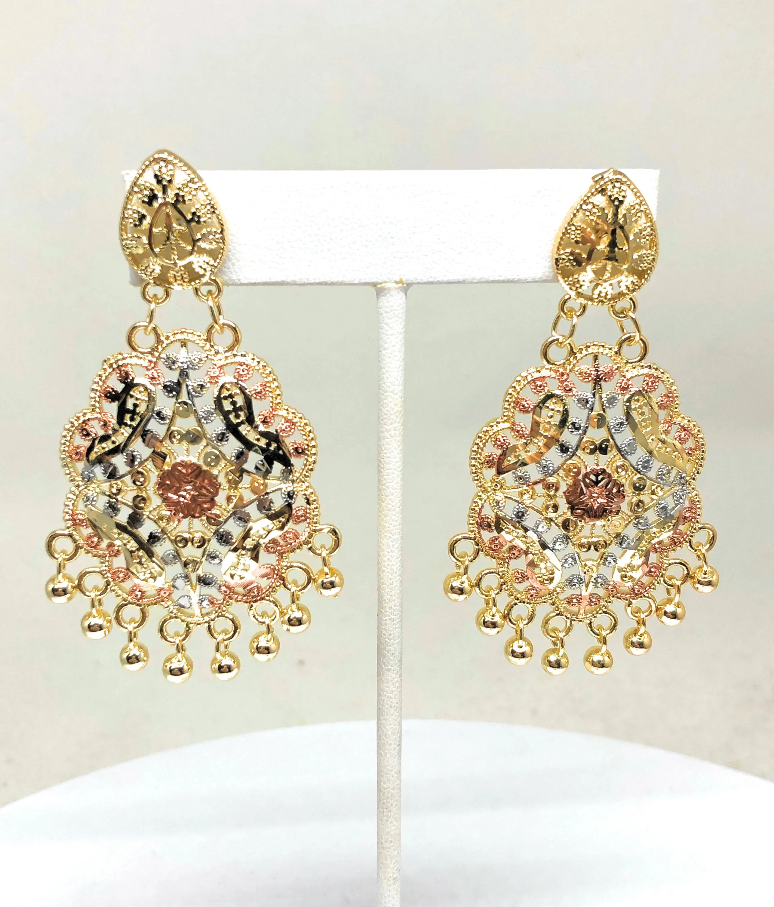 Gold Plated Tri-Color Chandelier Earrings Aretes Folklorico 3