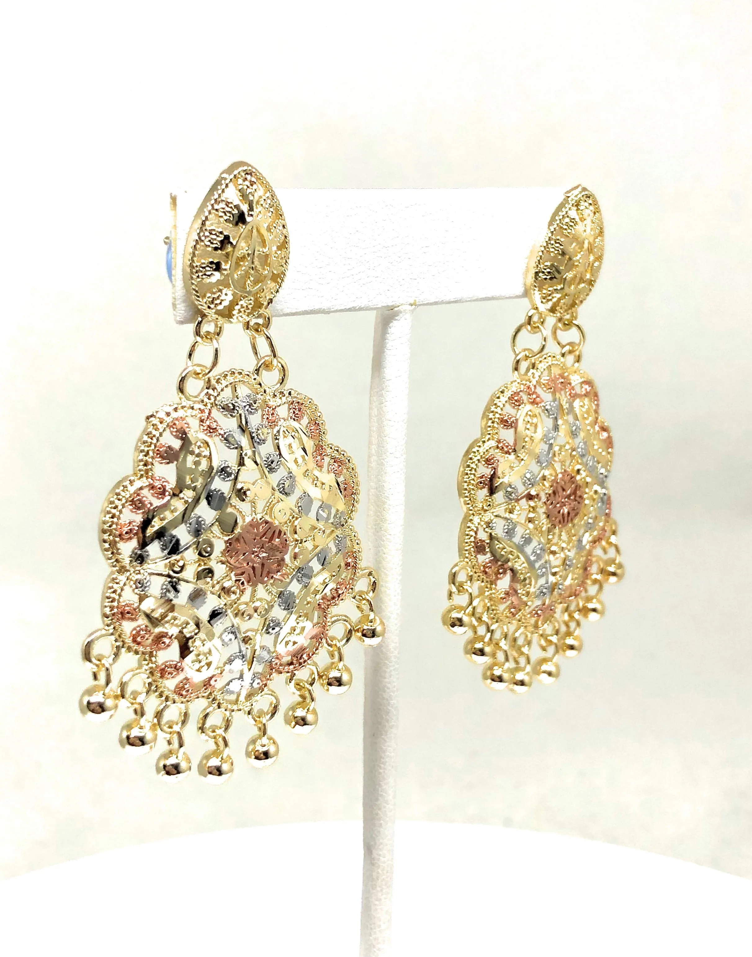 Gold Plated Tri-Color Chandelier Earrings Aretes Folklorico 3