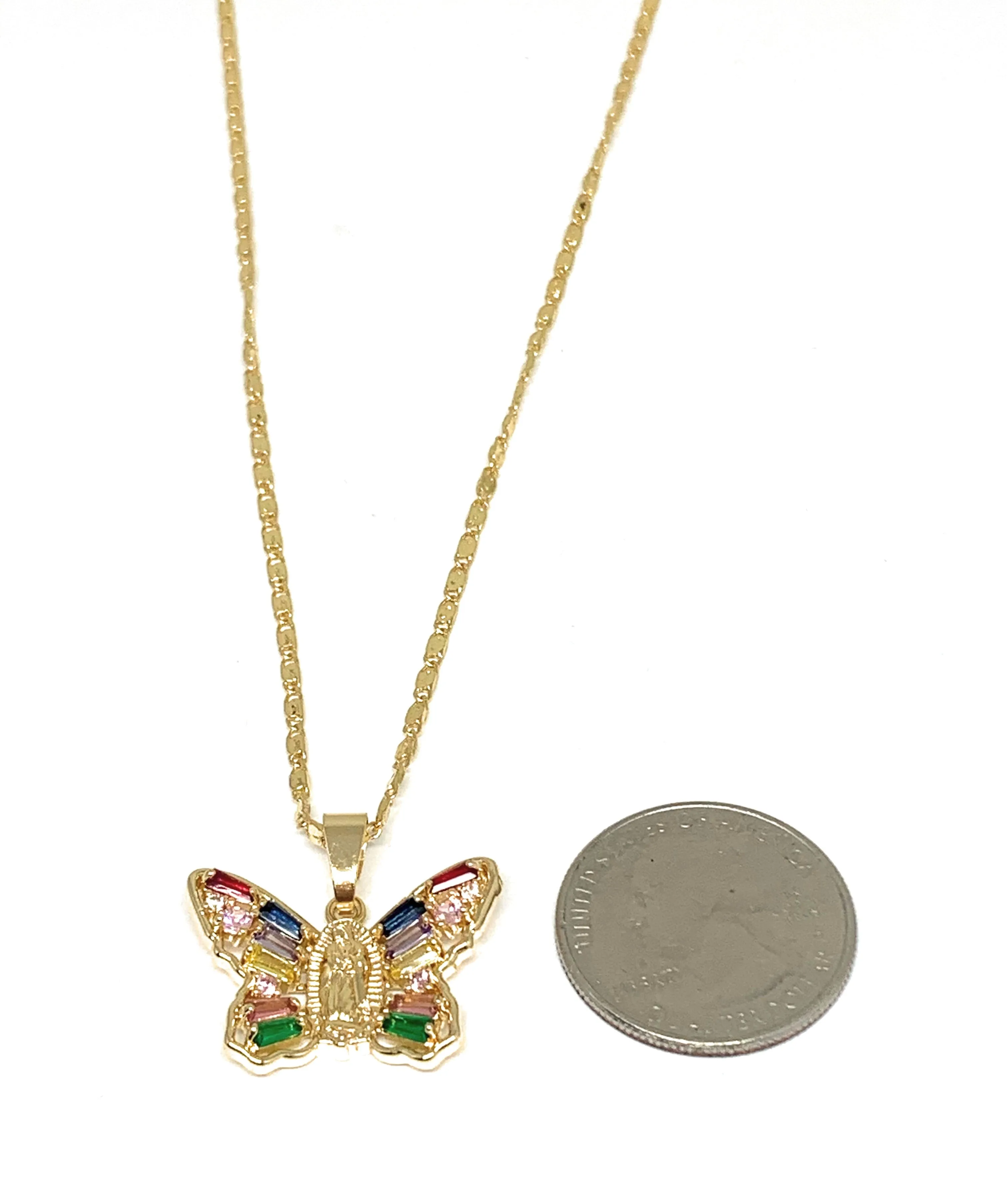 Gold Plated Virgin Mary Butterfly Colorful Pendant Necklace 18” Virgen Guadalupe (+ FREE EARRINGS)