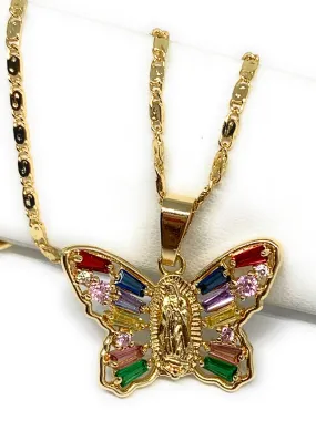 Gold Plated Virgin Mary Butterfly Colorful Pendant Necklace 18” Virgen Guadalupe (+ FREE EARRINGS)