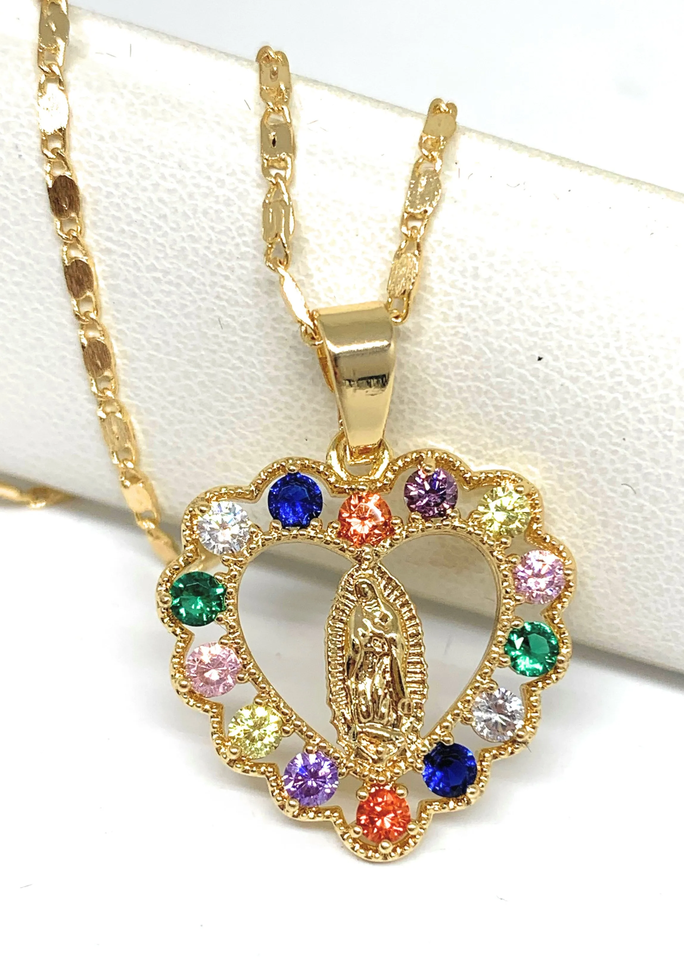 Gold Plated Virgin Mary Heart Colorful Pendant Necklace 18” Virgen Guadalupe (+FREE EARRINGS)