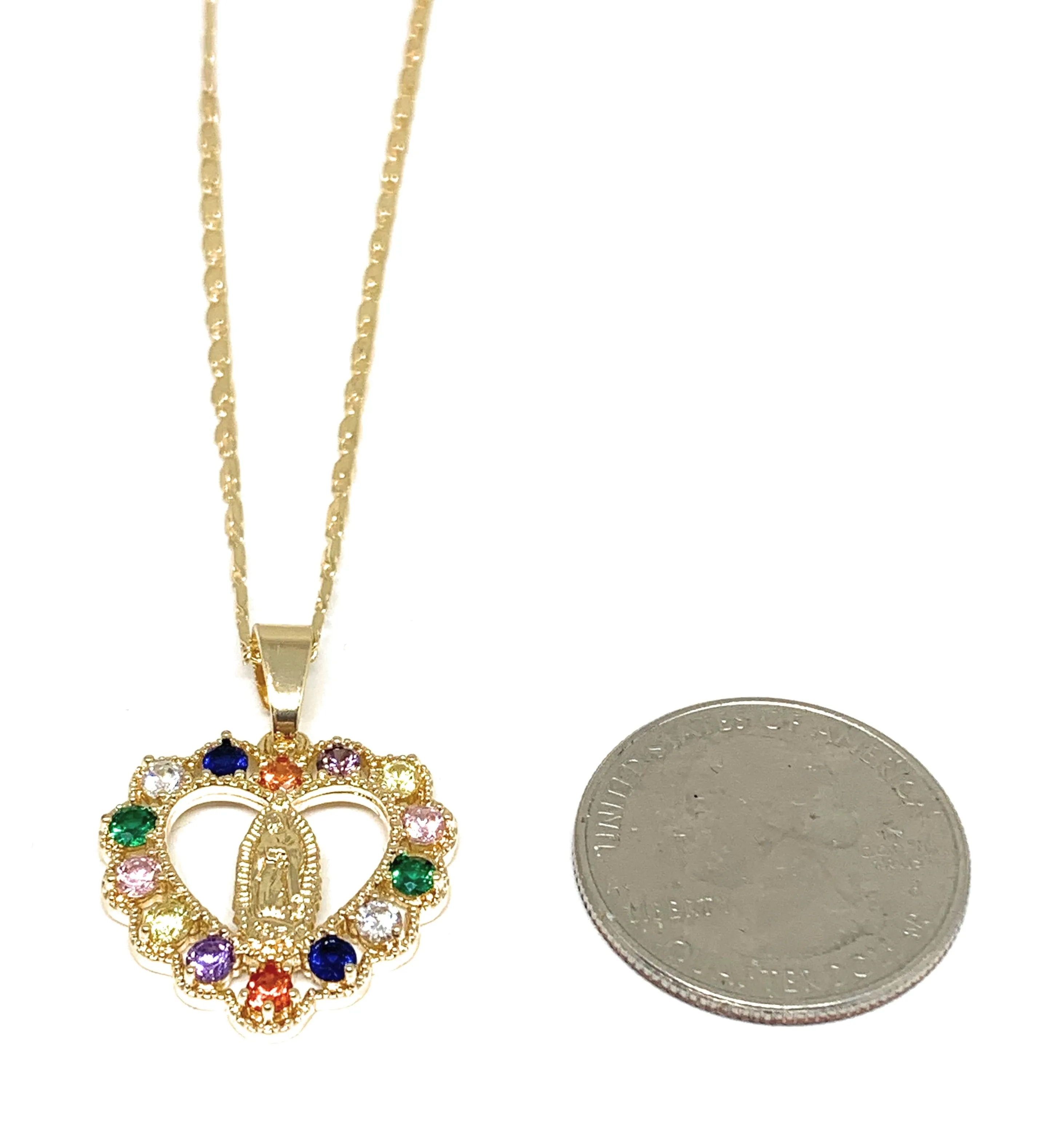 Gold Plated Virgin Mary Heart Colorful Pendant Necklace 18” Virgen Guadalupe (+FREE EARRINGS)