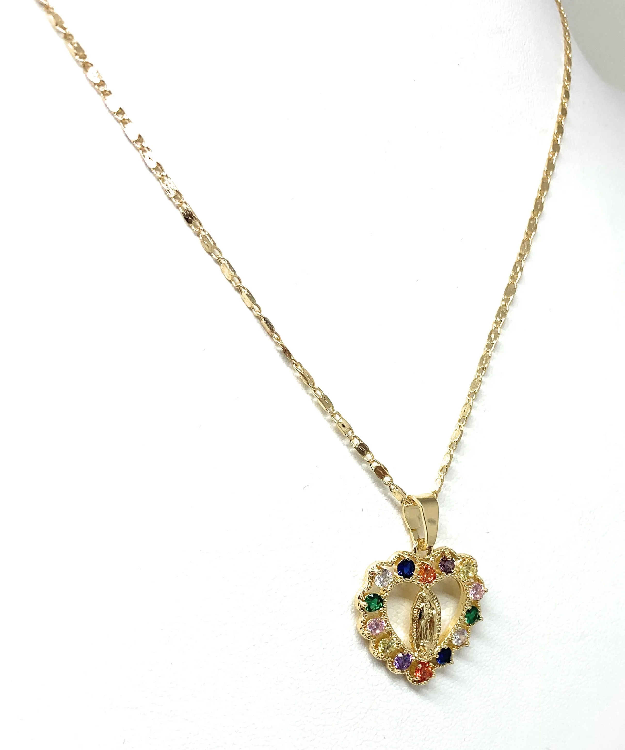 Gold Plated Virgin Mary Heart Colorful Pendant Necklace 18” Virgen Guadalupe (+FREE EARRINGS)