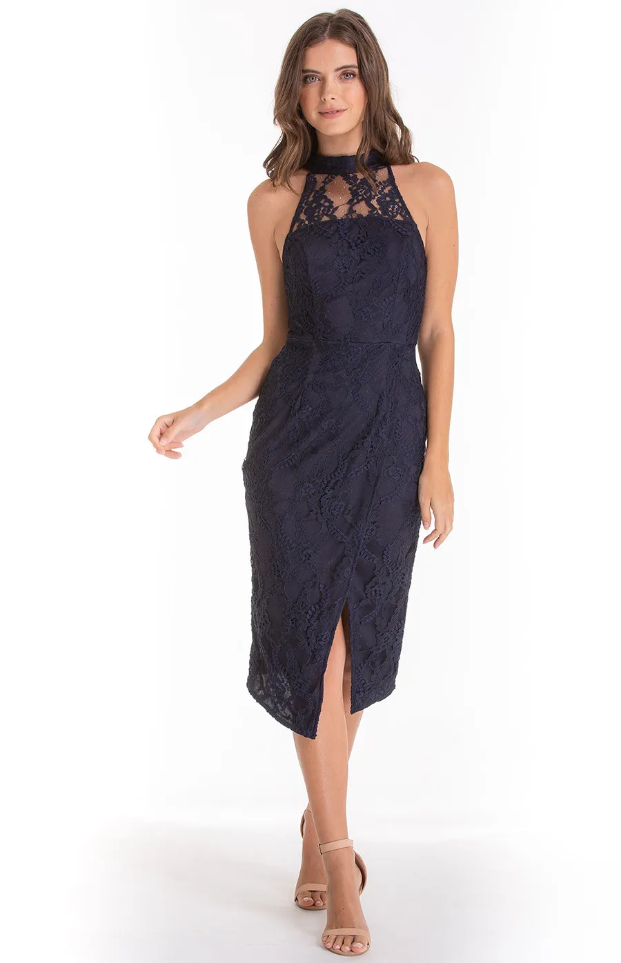 High Neck Lace Dress with Cross Over Skirt (SDR390A) 