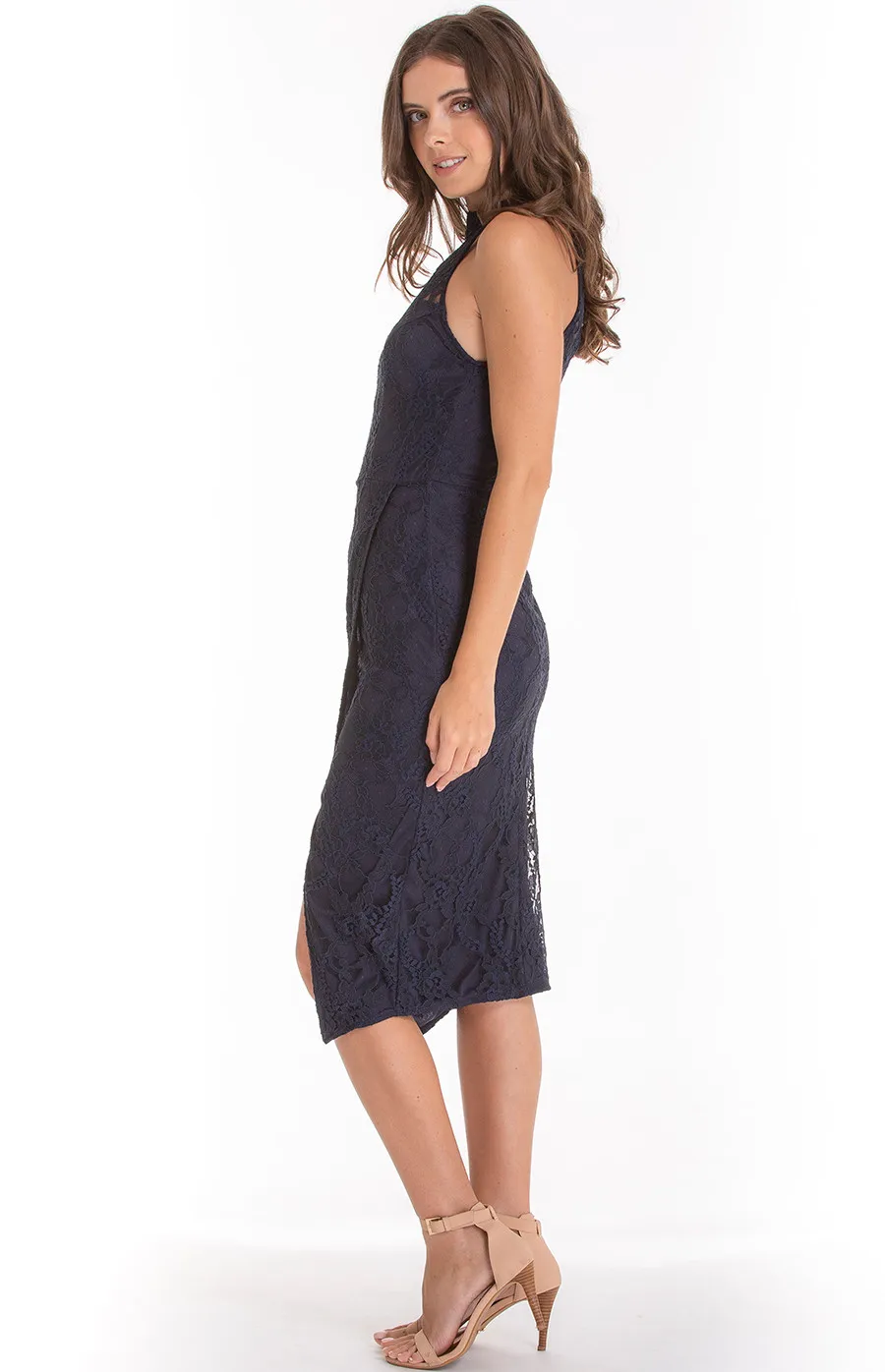 High Neck Lace Dress with Cross Over Skirt (SDR390A) 