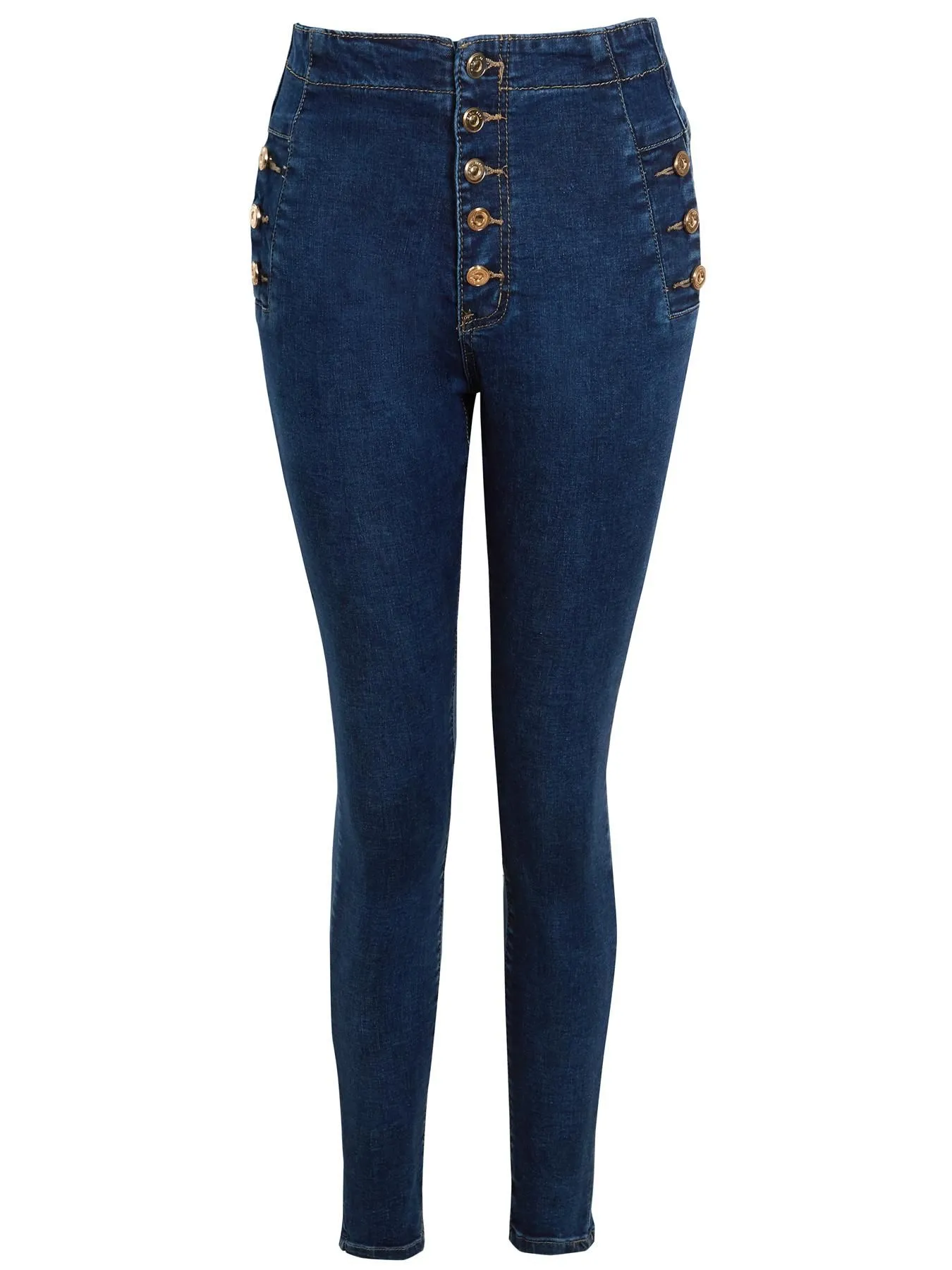 High Waist Jeans Skinny Denim Jeans with Gold Button Detailing, Denim Blue, Indigo, UK Sizes 6 to 14