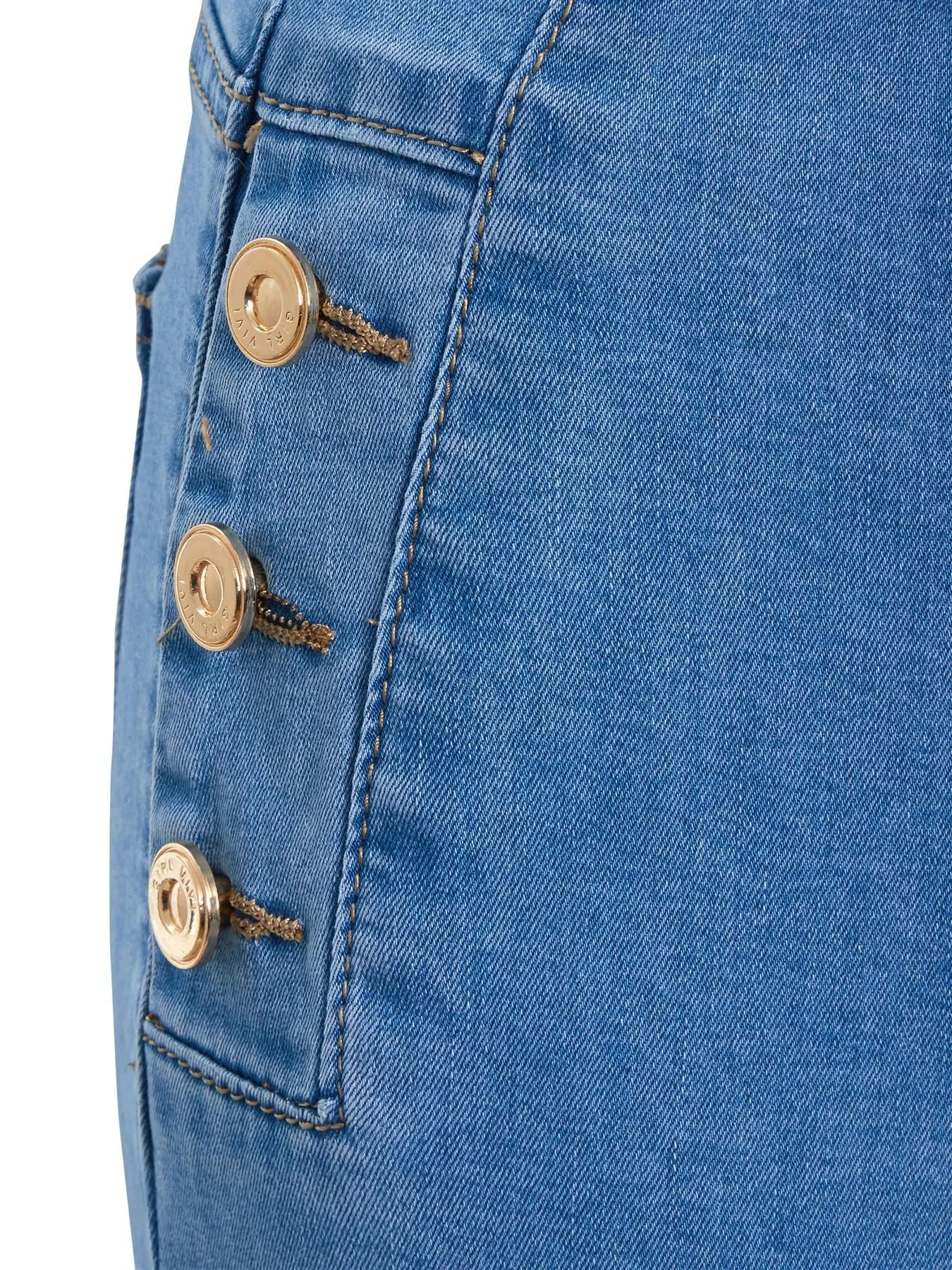 High Waist Jeans Skinny Denim Jeans with Gold Button Detailing, Denim Blue, Indigo, UK Sizes 6 to 14