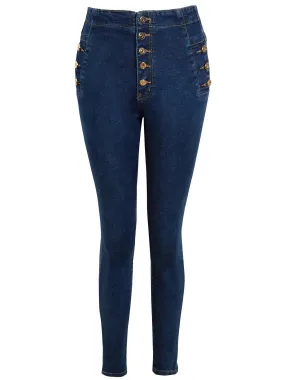 High Waist Jeans Skinny Denim Jeans with Gold Button Detailing, Denim Blue, Indigo, UK Sizes 6 to 14