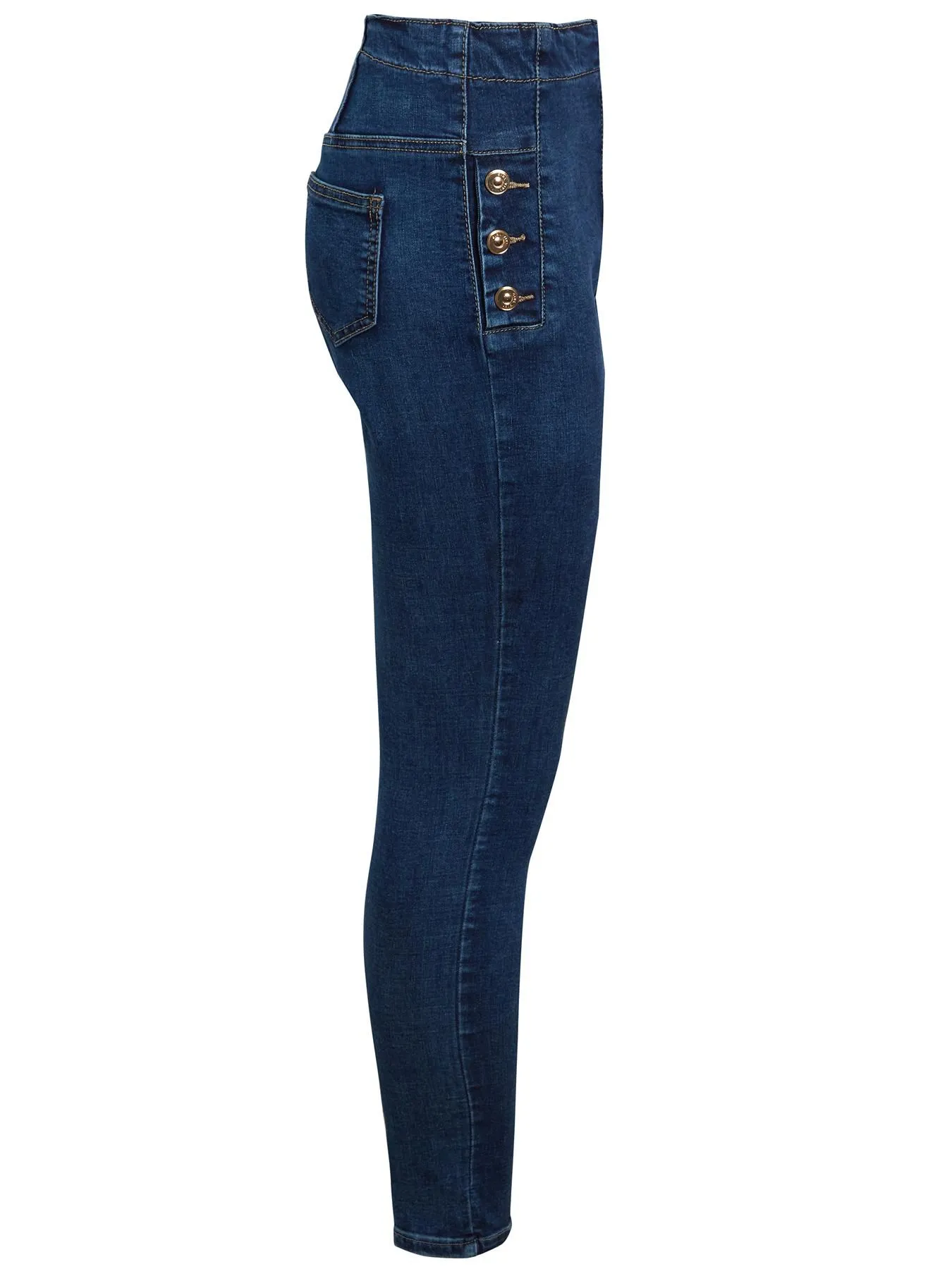 High Waist Jeans Skinny Denim Jeans with Gold Button Detailing, Denim Blue, Indigo, UK Sizes 6 to 14