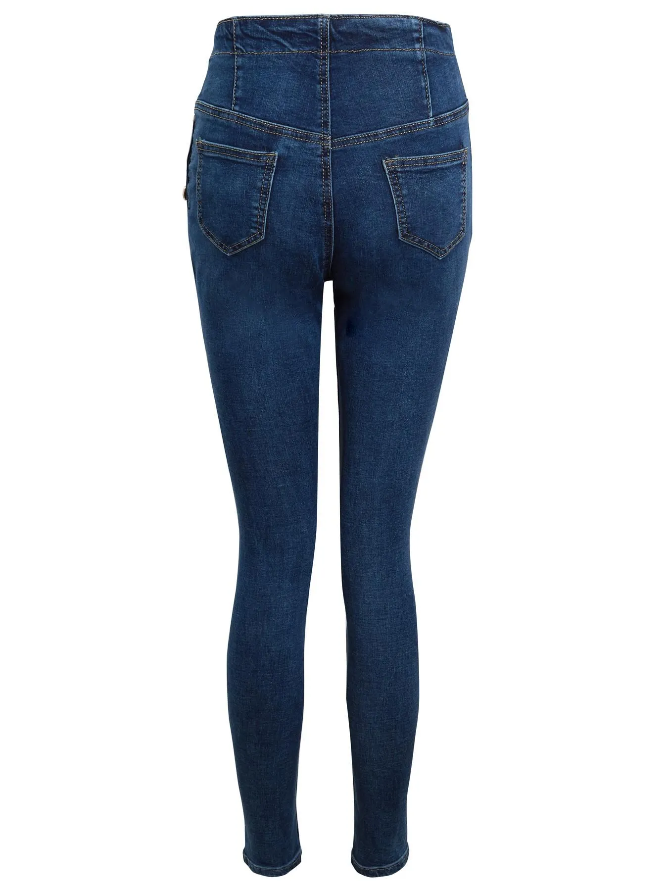 High Waist Jeans Skinny Denim Jeans with Gold Button Detailing, Denim Blue, Indigo, UK Sizes 6 to 14