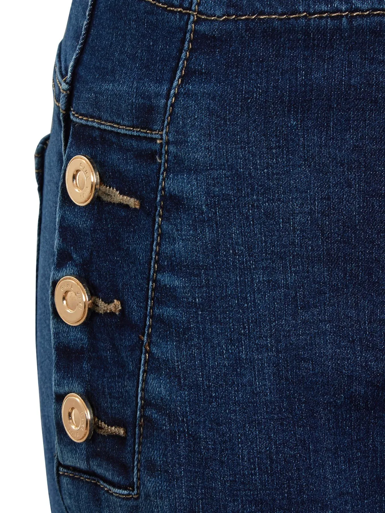 High Waist Jeans Skinny Denim Jeans with Gold Button Detailing, Denim Blue, Indigo, UK Sizes 6 to 14