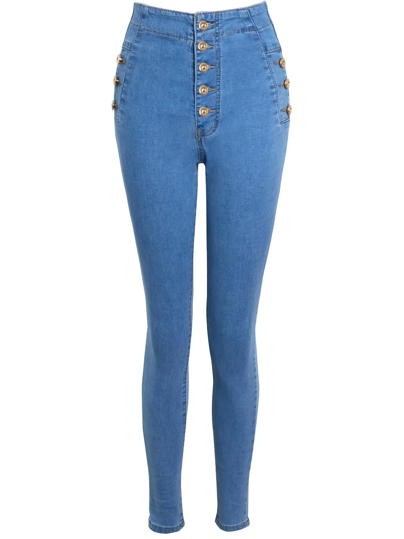 High Waist Jeans Skinny Denim Jeans with Gold Button Detailing, Denim Blue, Indigo, UK Sizes 6 to 14