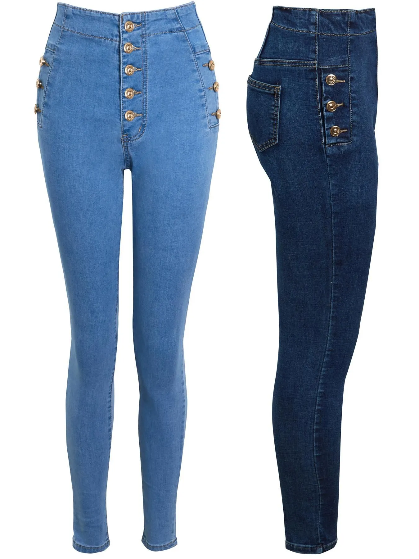 High Waist Jeans Skinny Denim Jeans with Gold Button Detailing, Denim Blue, Indigo, UK Sizes 6 to 14