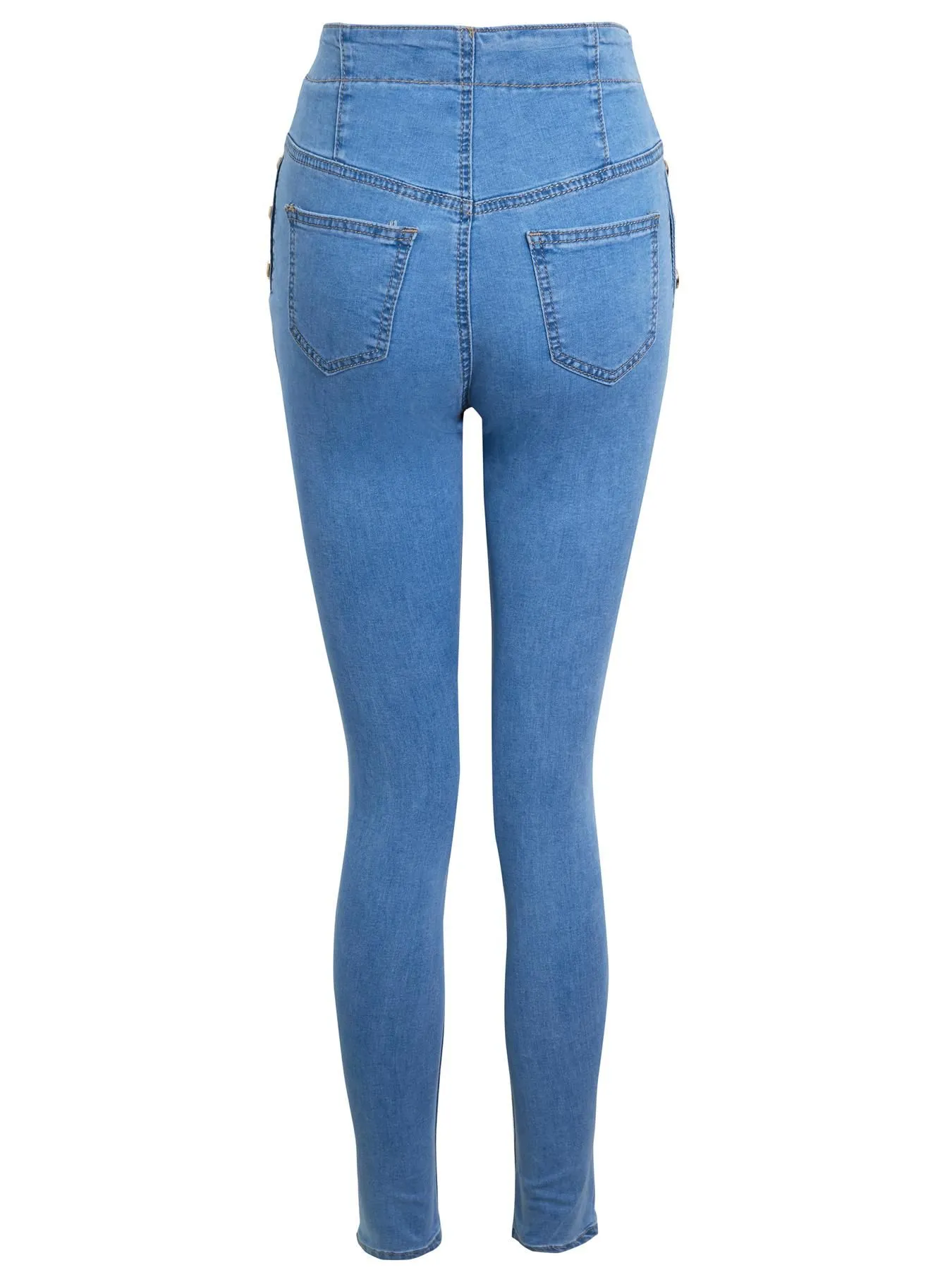 High Waist Jeans Skinny Denim Jeans with Gold Button Detailing, Denim Blue, Indigo, UK Sizes 6 to 14