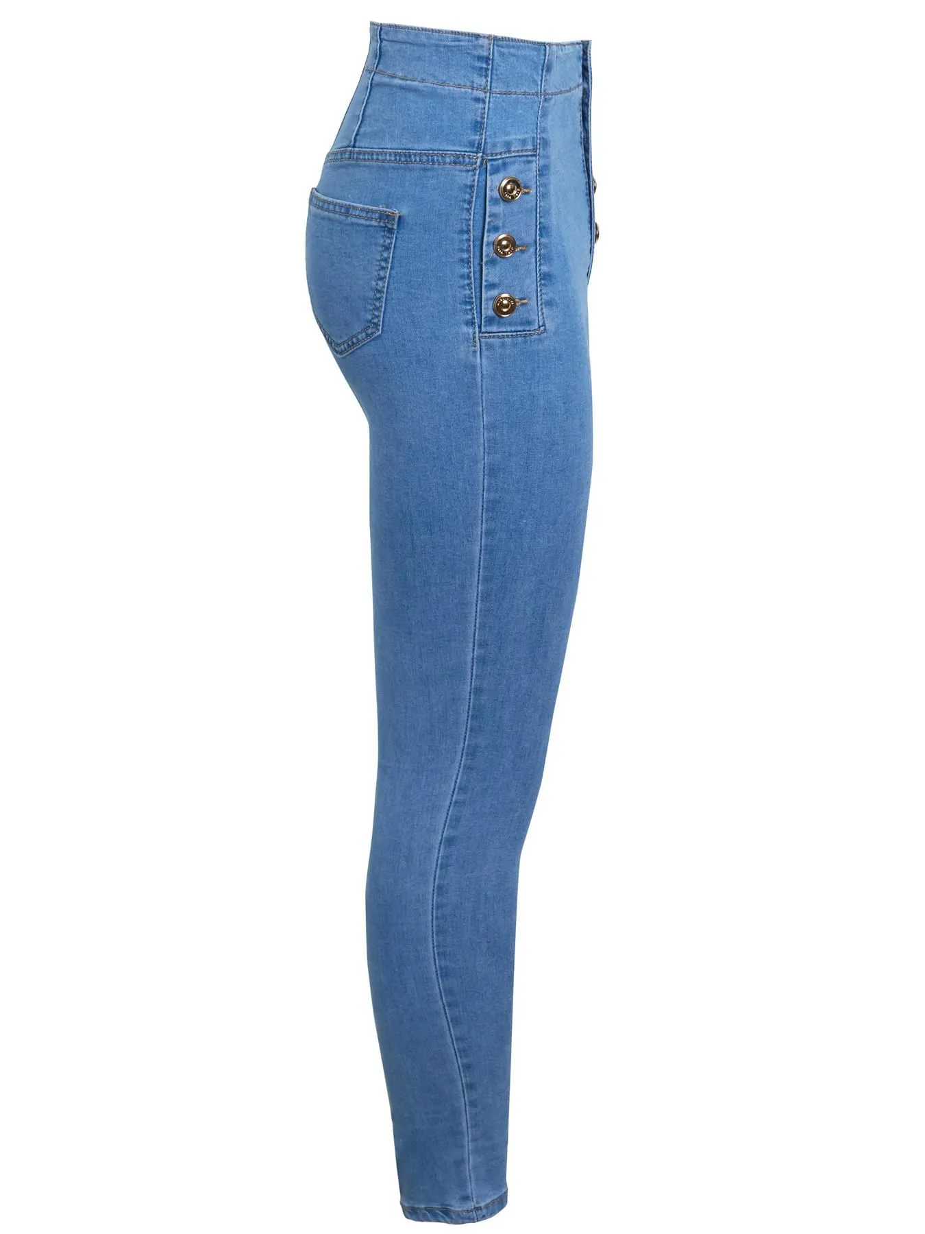 High Waist Jeans Skinny Denim Jeans with Gold Button Detailing, Denim Blue, Indigo, UK Sizes 6 to 14