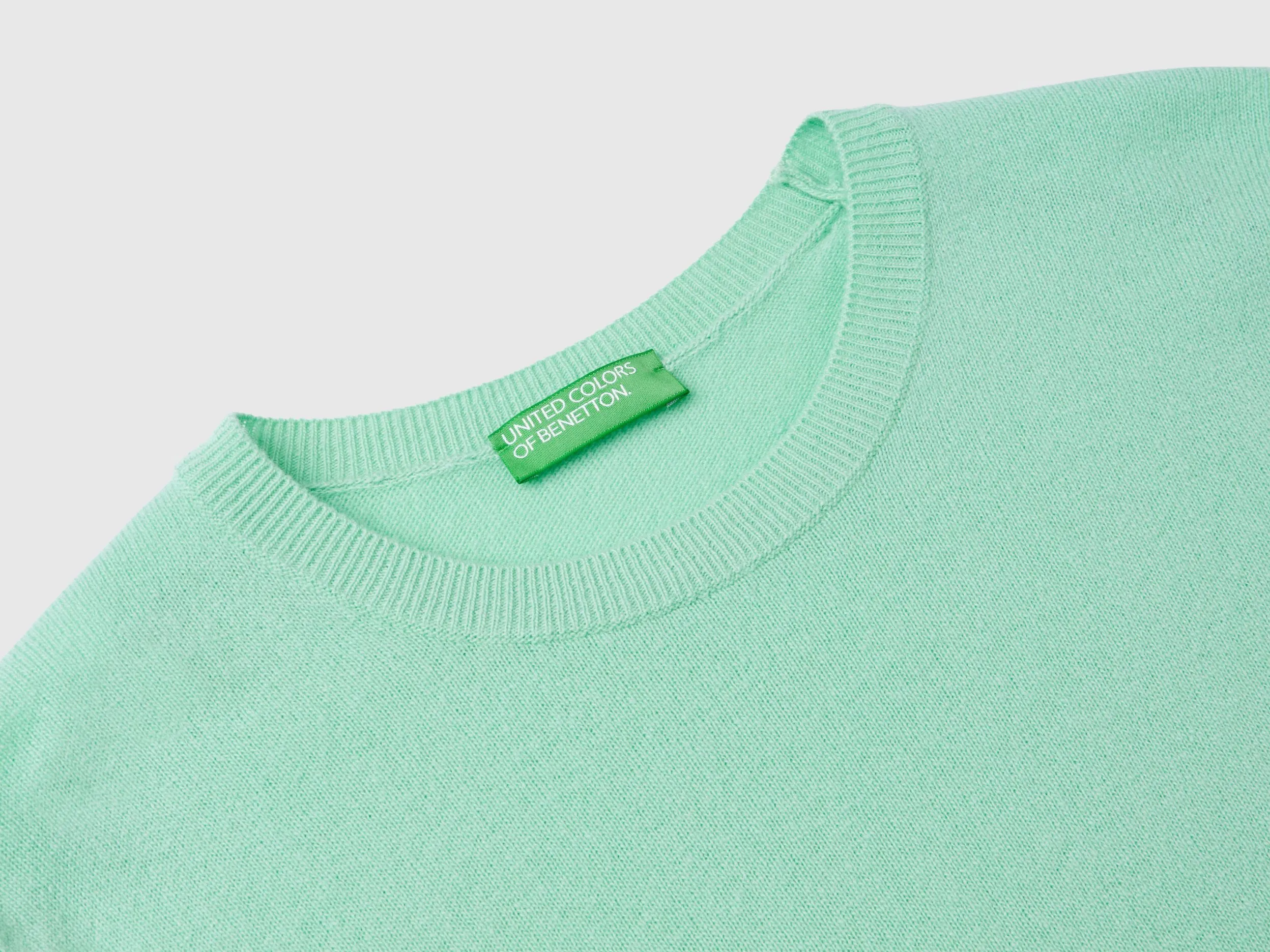 Light teal crew neck sweater in pure Merino wool - Aqua | Benetton