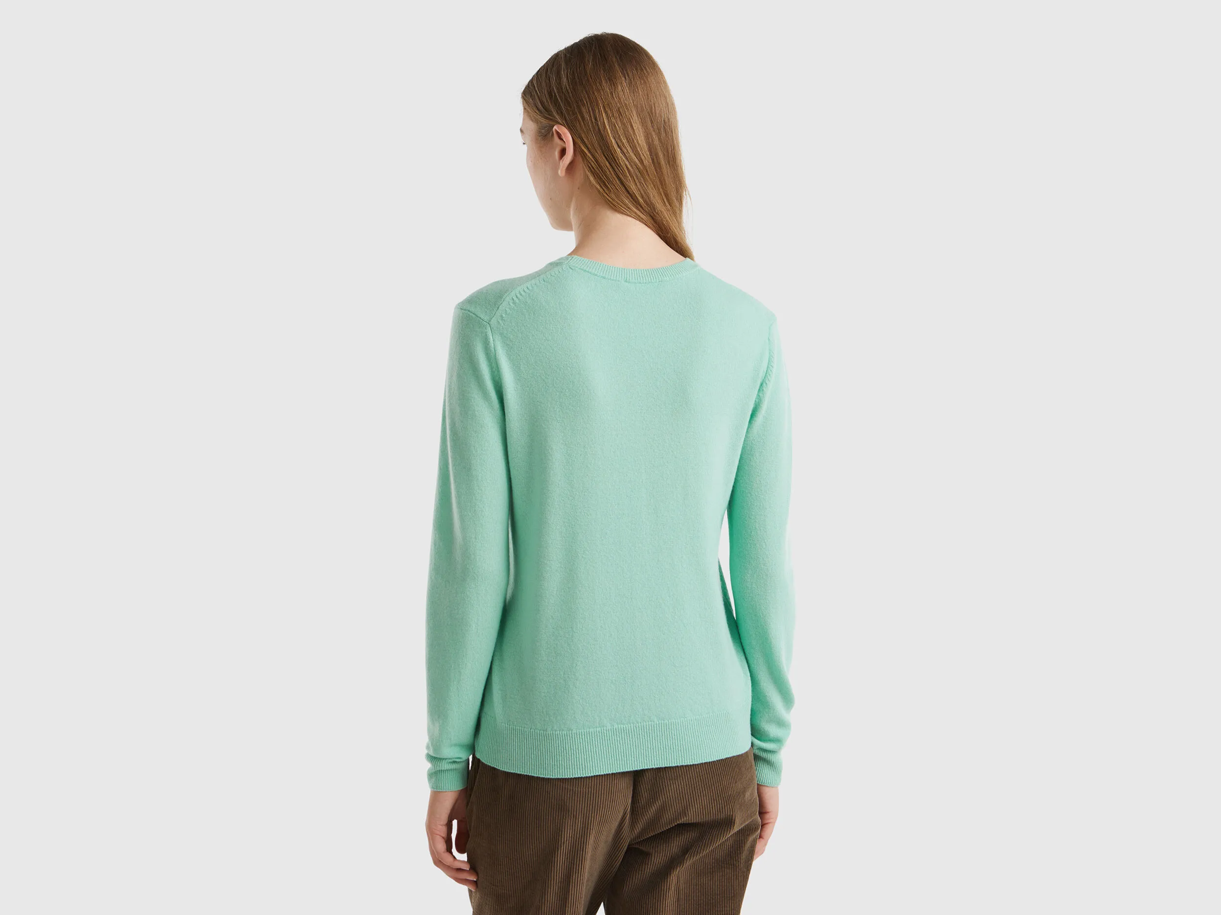 Light teal crew neck sweater in pure Merino wool - Aqua | Benetton