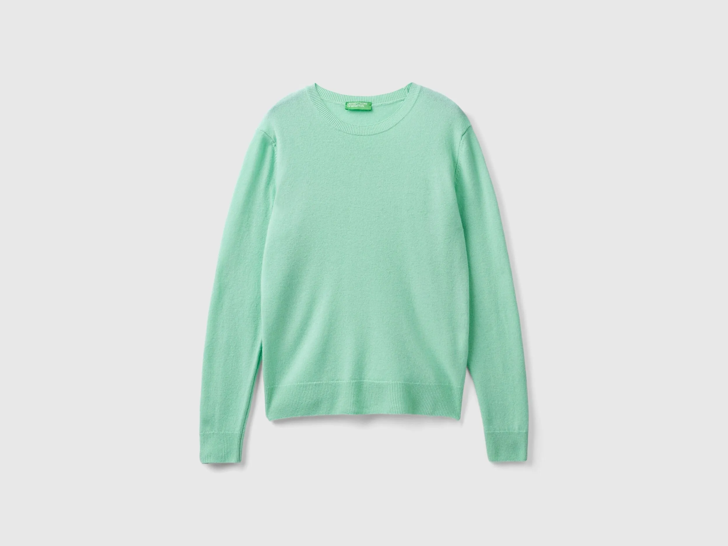 Light teal crew neck sweater in pure Merino wool - Aqua | Benetton