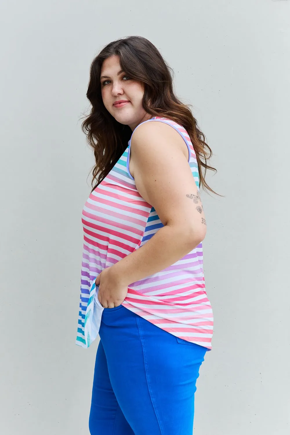 Love Yourself Multicolored Striped Sleeveless Round Neck Top