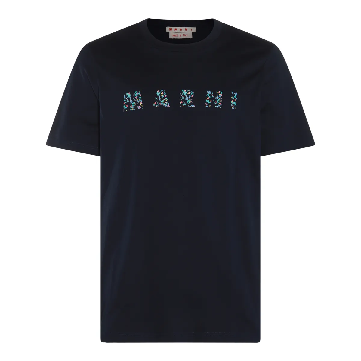 MARNI  |Deep blue bio cotton T-shirt with patterned Marni print