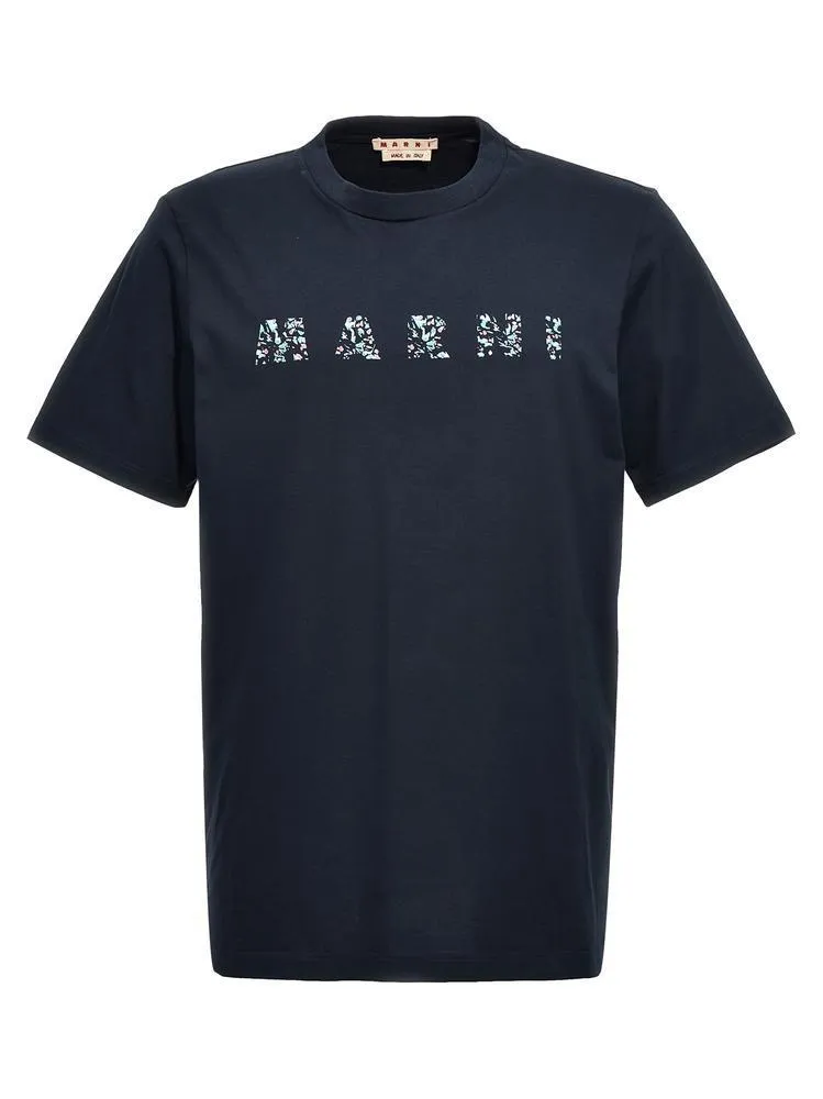 MARNI  |Deep blue bio cotton T-shirt with patterned Marni print