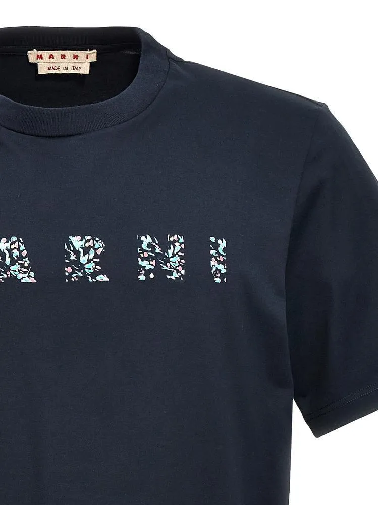 MARNI  |Deep blue bio cotton T-shirt with patterned Marni print