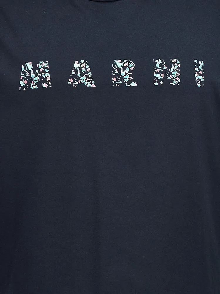 MARNI  |Deep blue bio cotton T-shirt with patterned Marni print