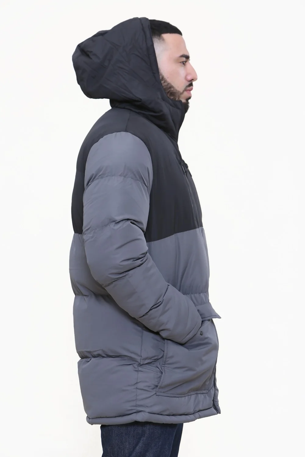 Mens Grey Colourblock Padded Hooded Coat 