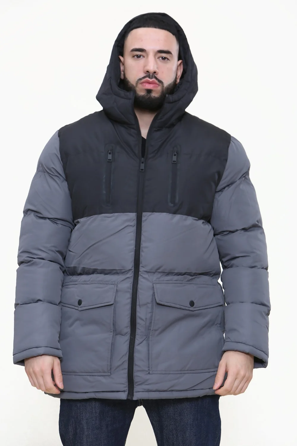 Mens Grey Colourblock Padded Hooded Coat 