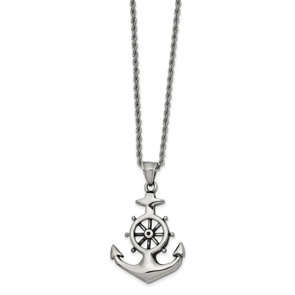 Men's Stainless Steel Antiqued Anchor & Wheel Necklace, 24 Inch