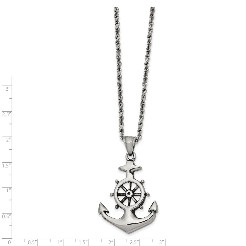 Men's Stainless Steel Antiqued Anchor & Wheel Necklace, 24 Inch