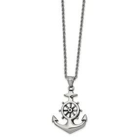 Men's Stainless Steel Antiqued Anchor & Wheel Necklace, 24 Inch