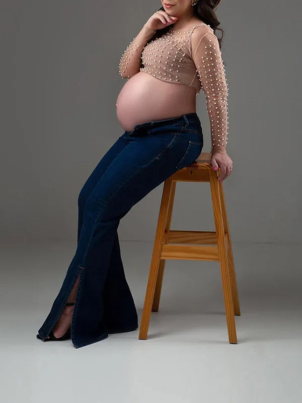 Momnfancy Chic Nude Color Pearl Rhinestones Sparkly Grenadine Transparent Maternity Photoshoot T-Shirt