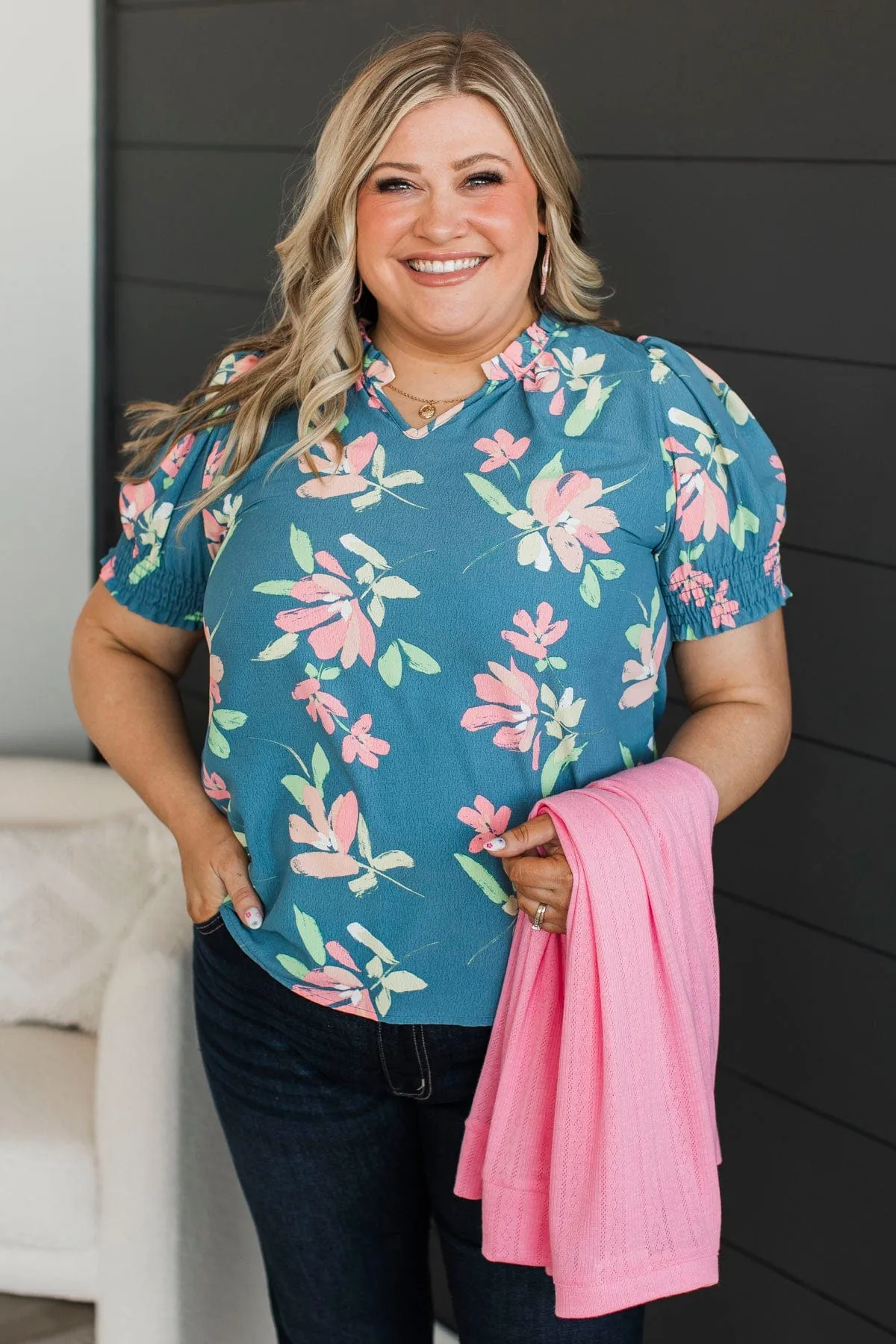 On My Agenda Floral Blouse- Denim