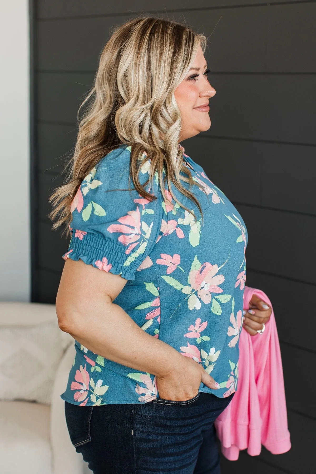 On My Agenda Floral Blouse- Denim