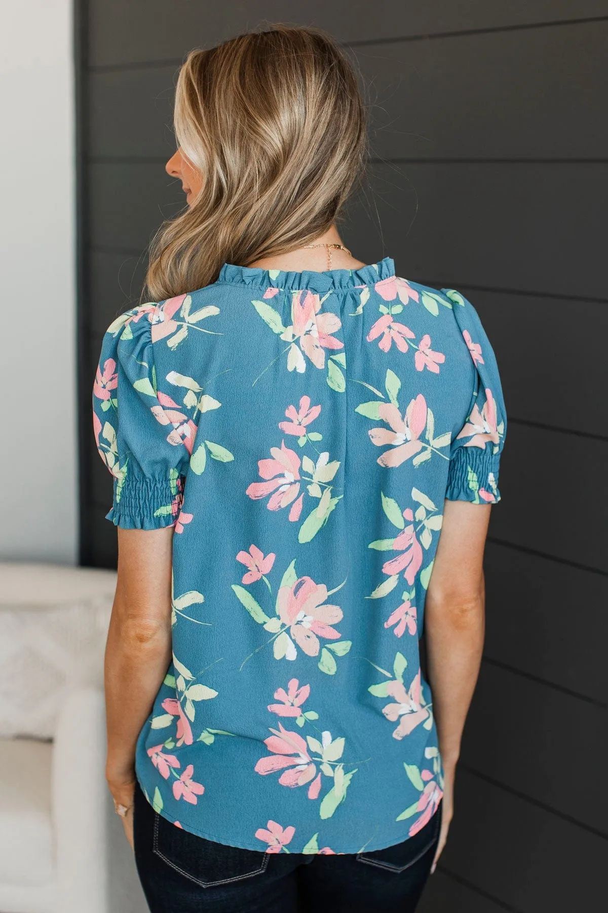 On My Agenda Floral Blouse- Denim