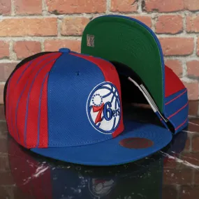 Philadelphia 76ers NBA What the Pinstripe Green Bottom Multicolored Snapback Hat | Mitchell and Ness Blue/Red/Black/White Snap c