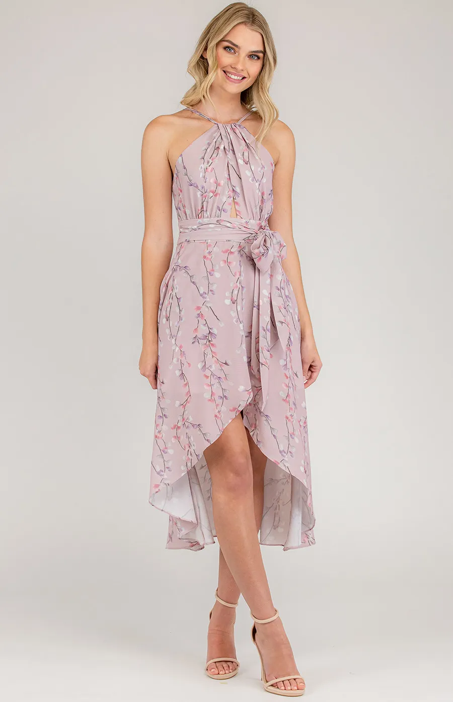 Printed Halter Neckline Dress with Waterfall Hem (SDR695A)