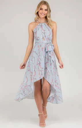 Printed Halter Neckline Dress with Waterfall Hem (SDR695A)