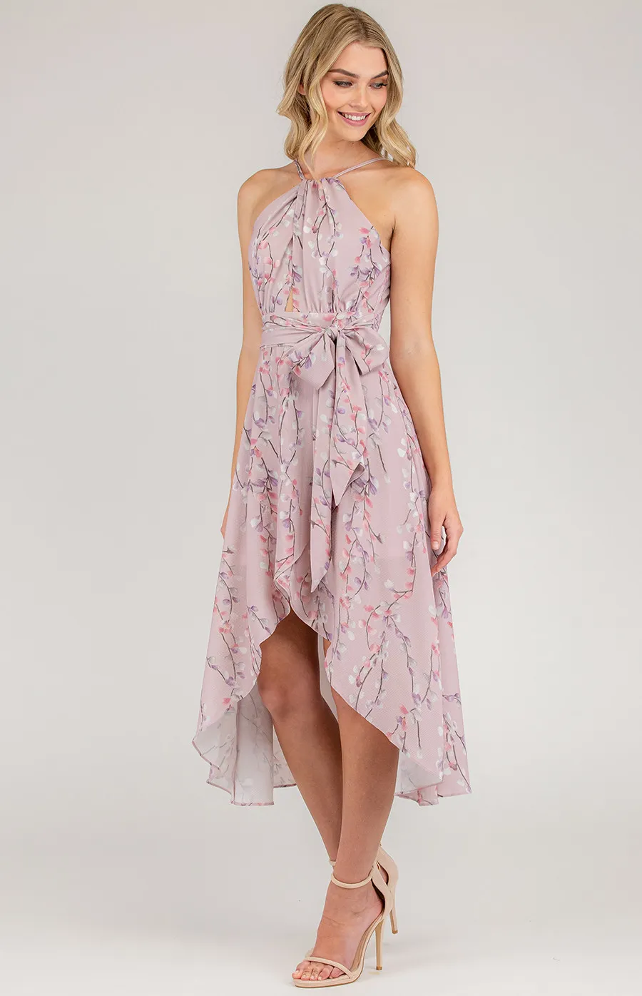 Printed Halter Neckline Dress with Waterfall Hem (SDR695A)