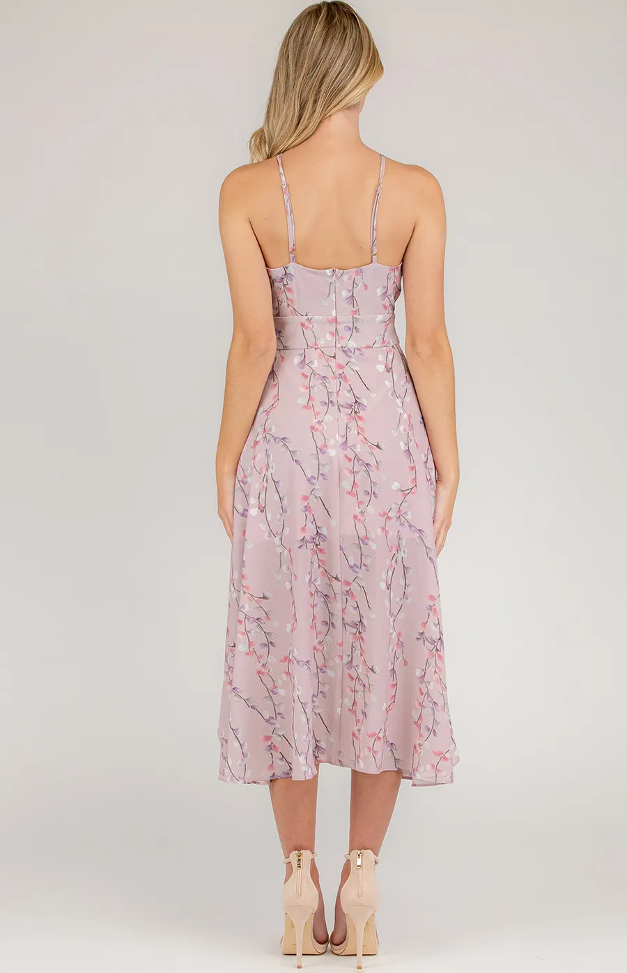 Printed Halter Neckline Dress with Waterfall Hem (SDR695A)