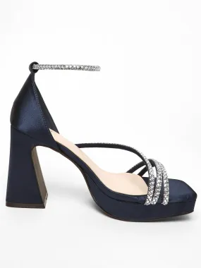 Quiz Navy Diamante Strappy Platform Heeled Sandals