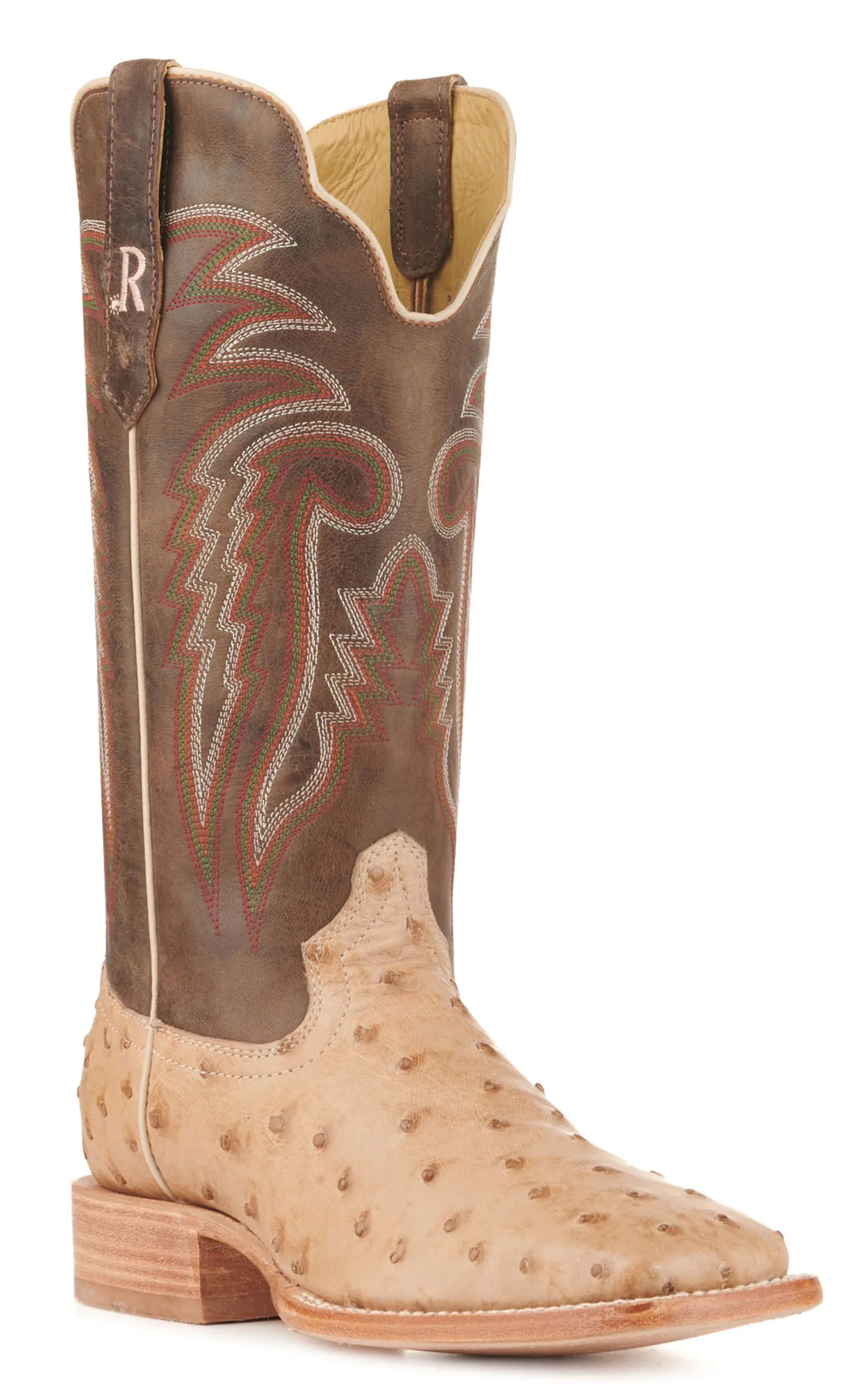 R. Watson Men's Sand Bruciato Full Quill Ostrich and Brown Wide Square Toe Cowboy Boots