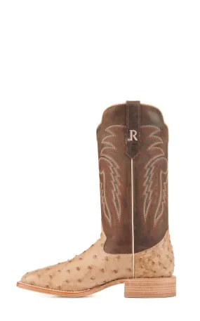 R. Watson Men's Sand Bruciato Full Quill Ostrich and Brown Wide Square Toe Cowboy Boots