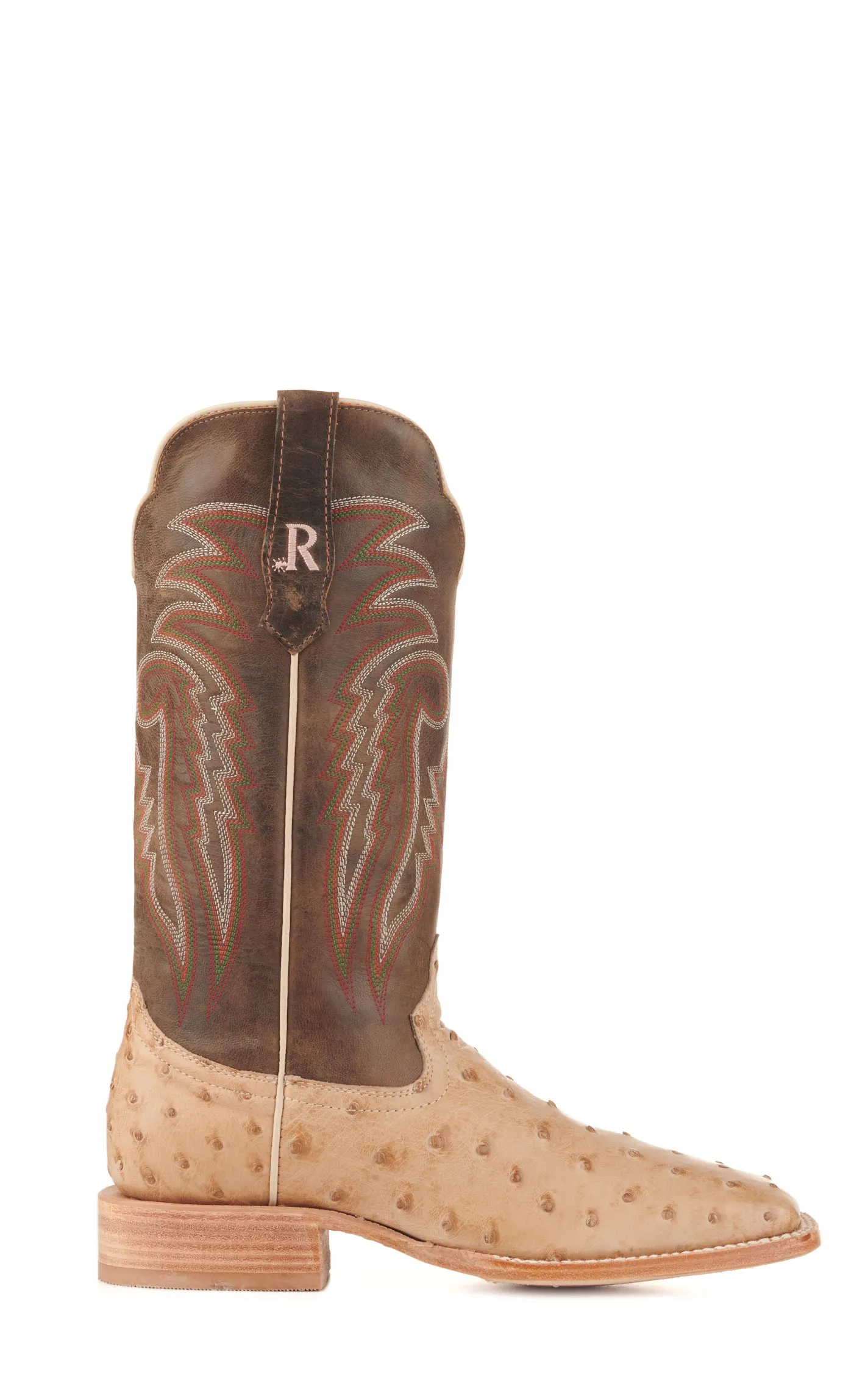 R. Watson Men's Sand Bruciato Full Quill Ostrich and Brown Wide Square Toe Cowboy Boots