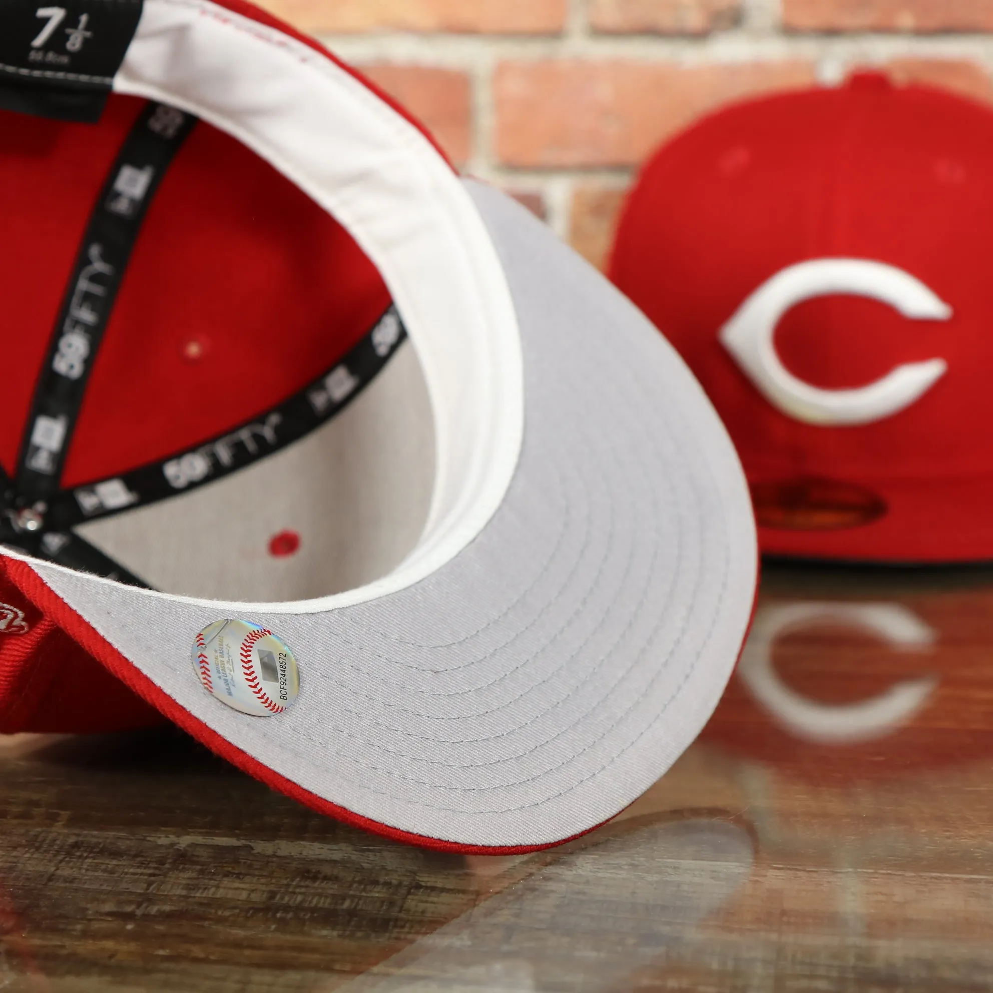 Reds On-Field Grey Bottom Fitted Cap | Cincinnati Reds 1990 Game Worn World Series Side Patch Gray Under Brim 59Fifty Fitted Hat