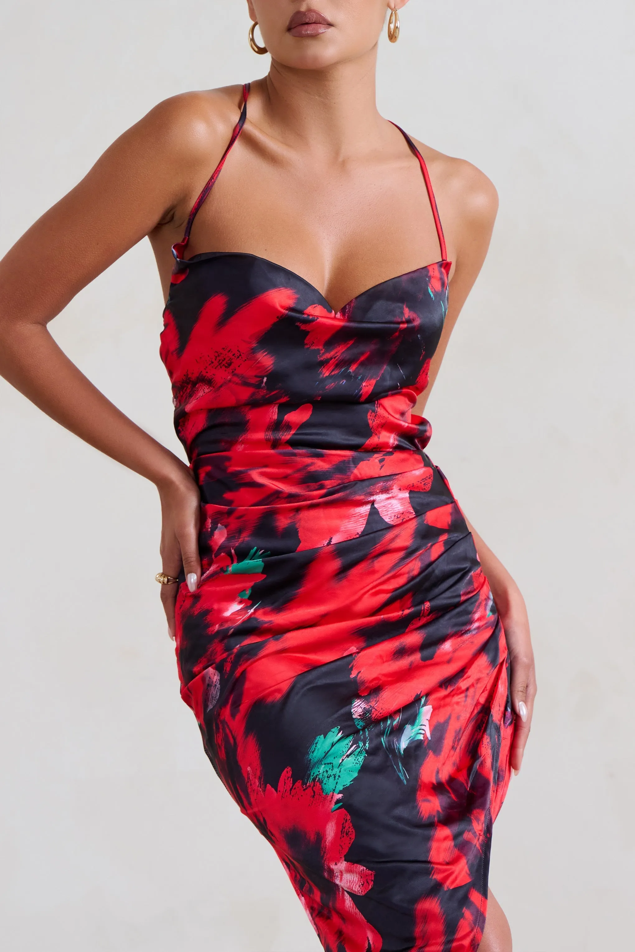 Risk It All | Black & Red Floral Print Cami Cowl Neck Asymmetric Hem Dress