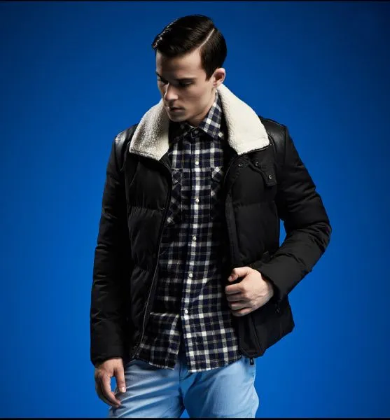 Short Padded Down Jacket for Men with Shearling and Leather Details